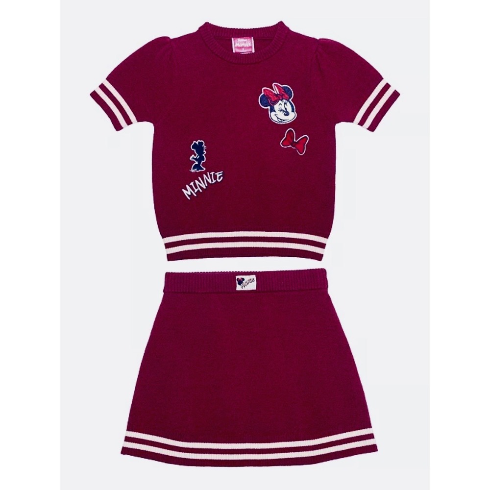 NEW Disney Minnie Mouse Short Sleeve Sweater & Varsity Skirt Set Burgundy Size 4